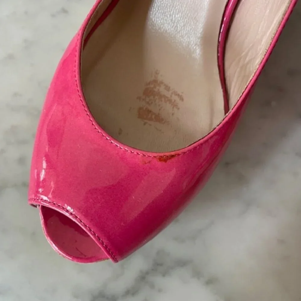 STUART WEITZMAN Jenny Fuchsia Peep Toe Sling Back Cork Wedge 6M